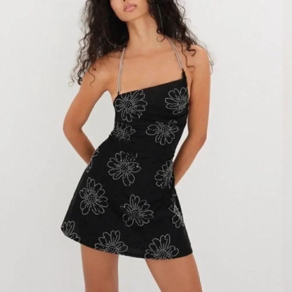 NWT For Love & Lemons Pamela Black Rhinestone
Floral Embellished MiniDress Large